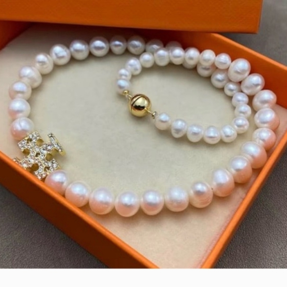 Tory Burch Pearl Necklace with Gold Logo Accent